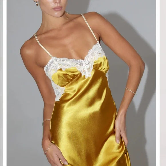 Elegant Gold Yellow Slip Dress with Lace Trim and Low Back - Picture 8 of 11